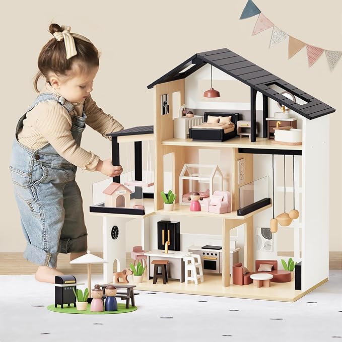 Dollhouse with Realistic Design, Wooden Dollhouse with 53Pcs