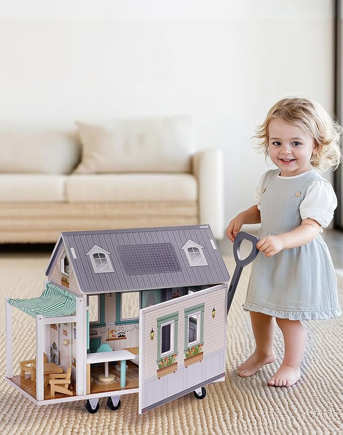 Wooden Realistic Camper Van Dollhouse with Handle & Wheels, Includes Mini Kitchen