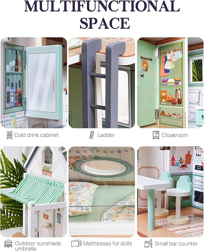 Wooden Realistic Camper Van Dollhouse with Handle & Wheels, Includes Mini Kitchen